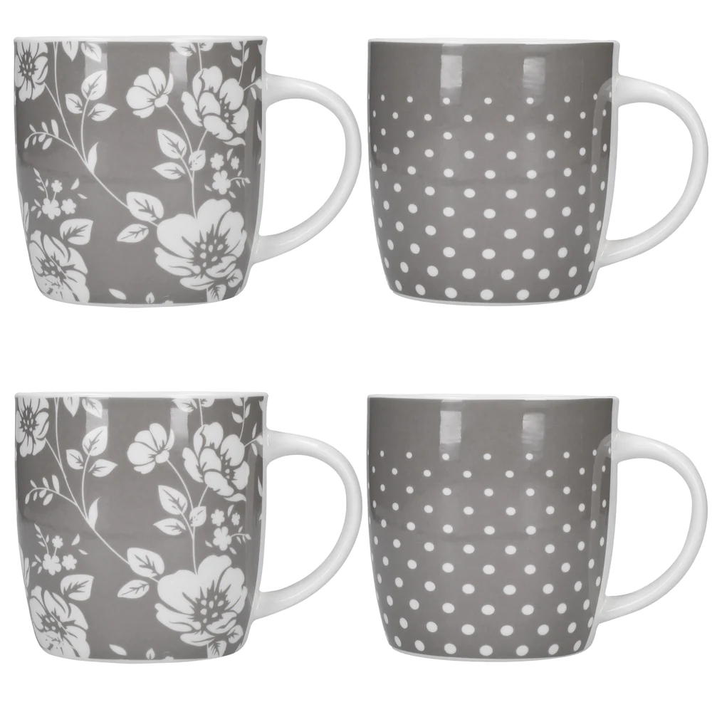 Kitchen Craft Grey Floral / Polka Dot Mug - Set of 4