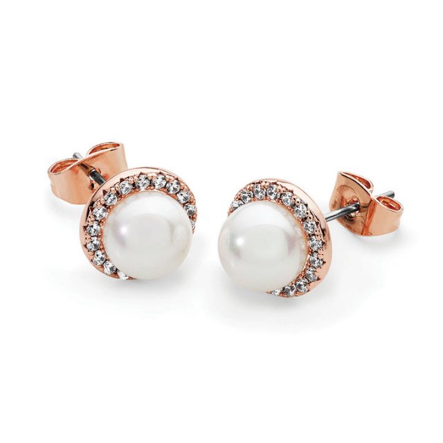 Tipperary Crystal Rose Gold CZ Circle With Pearl Earrings
