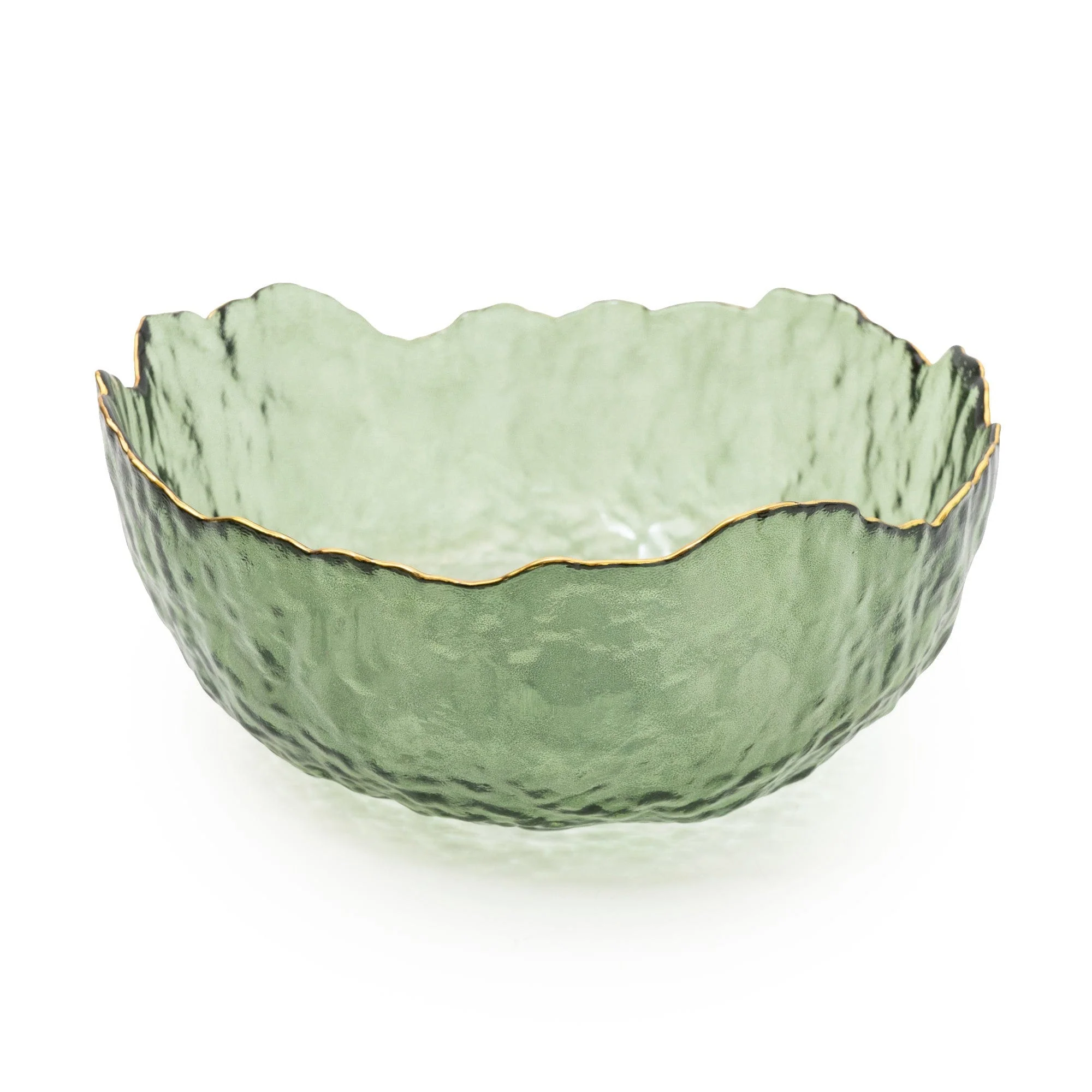 Green Glass Wavy Bowl With Gold Rim