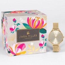 Sara Miller Hanging Charm Gold Mesh/Champagne Strap Watch