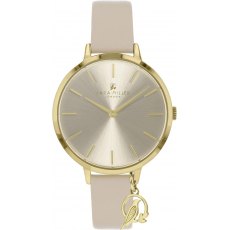 Sara Miller Hanging Charm Gold Beige Leather Strap Watch