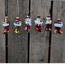 Box/6 Hanging Glass Xmas Stocking Ornaments