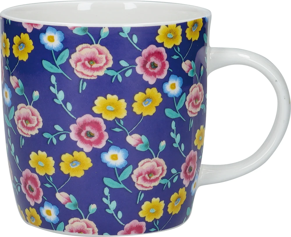 KitchenCraft China 425ml Navy Floral Barrel Shaped Mug