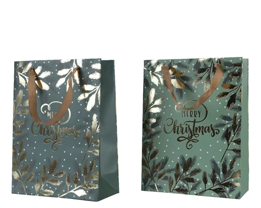 Merry Christmas Green & Gold Leaf Gift Bags