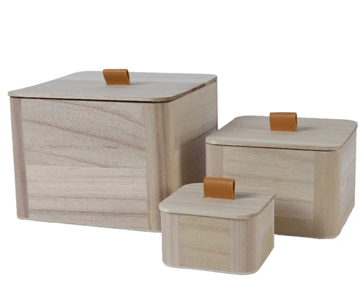 Wooden Square Boxes With PU Leather Handle Set of 3