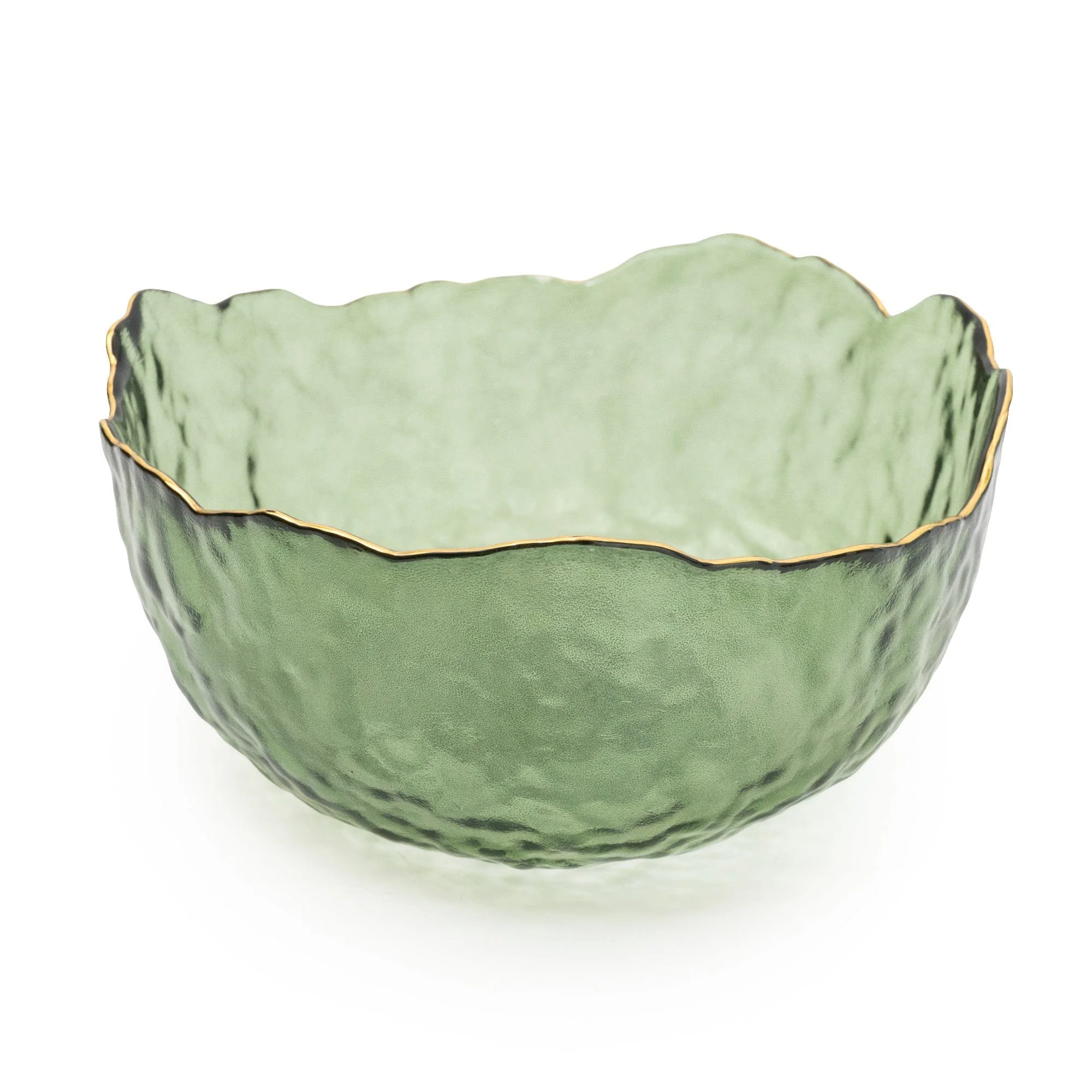 Green Glass Wavy Bowl With Gold Rim