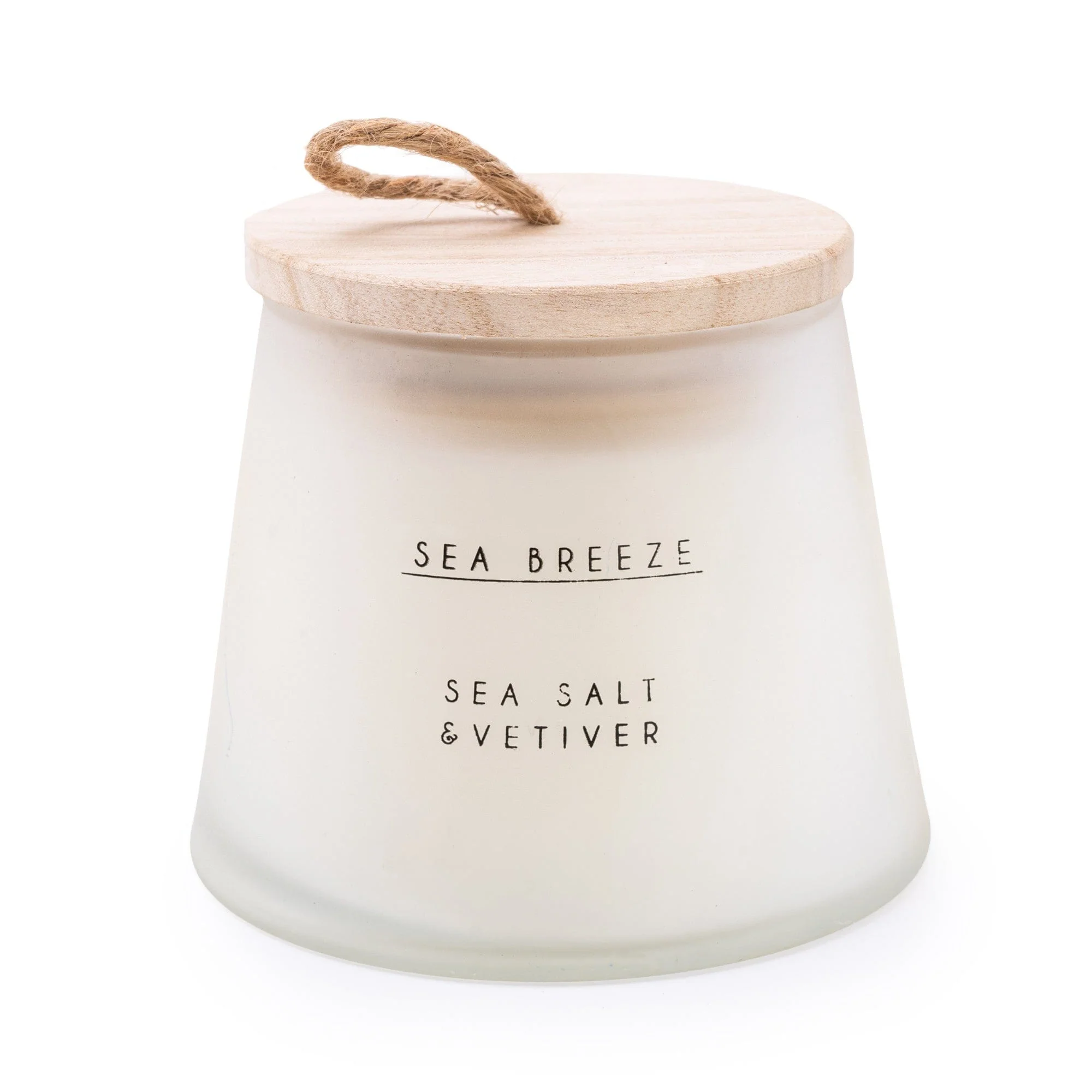 Large Wax Filled Frosted Glass Pot with Wooden Lid Candle - Sea Salt & Vetiver Scent