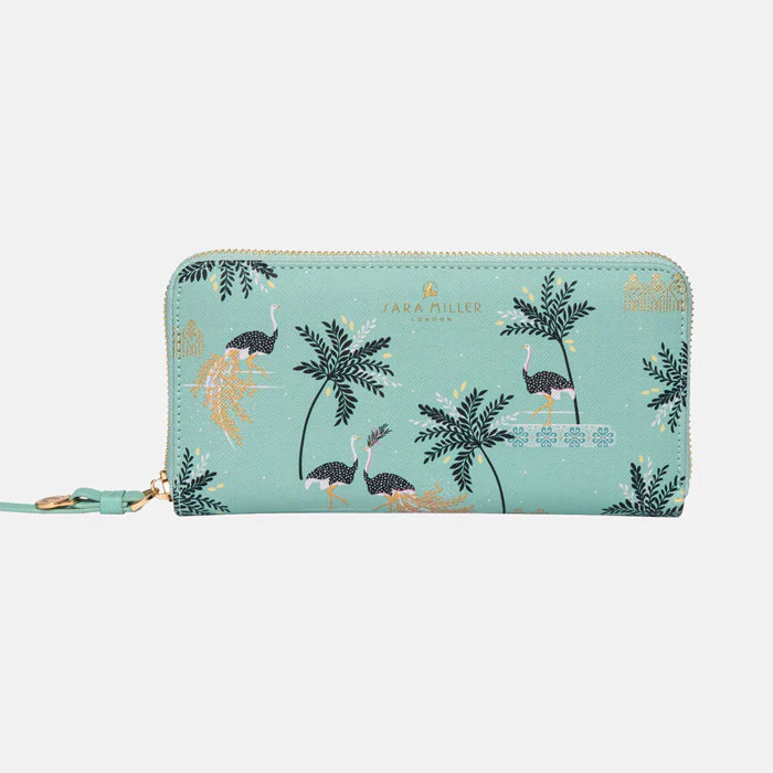 Sara Miller Large Zip Purse - Mint Ostrich & Palms