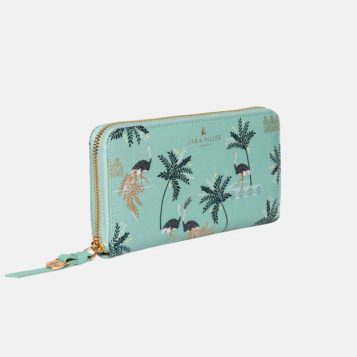 Sara Miller Large Zip Purse - Mint Ostrich & Palms