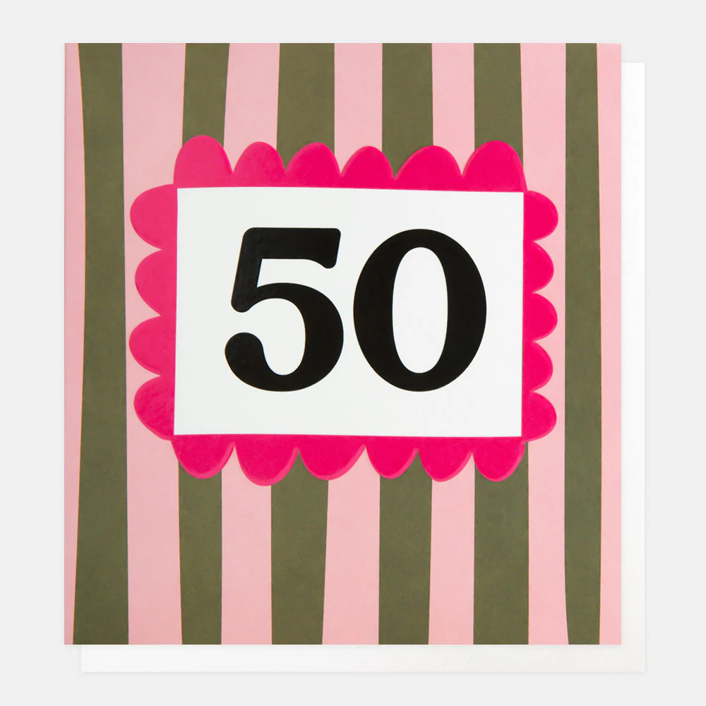 Caroline Gardner Pink/Khaki Stripe 50th Birthday Card