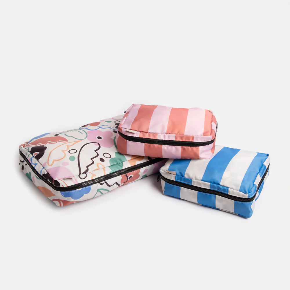 Caroline Gardner Abstract Botanical/Stripe Set of 3 Packing Cubes