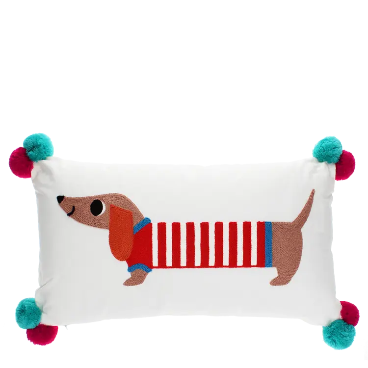 Rex London Embroidered Cushion with Pom Poms - Sausage Dog