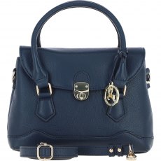 Ashwood Leather Twist Lock Compact Flap Handbag - Navy Y-55