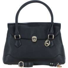 Ashwood Leather Twist Lock Large Flap Handbag with Crossbody Strap - Black Y-56