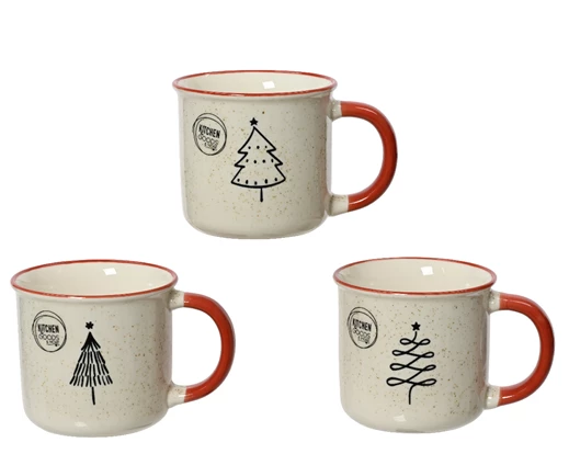 Christmas Tree Porcelain Mug with Red Rim & Handle