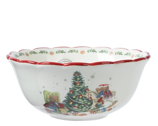 Christmas Tree & Bear Dolomite Bowl With Red Rim