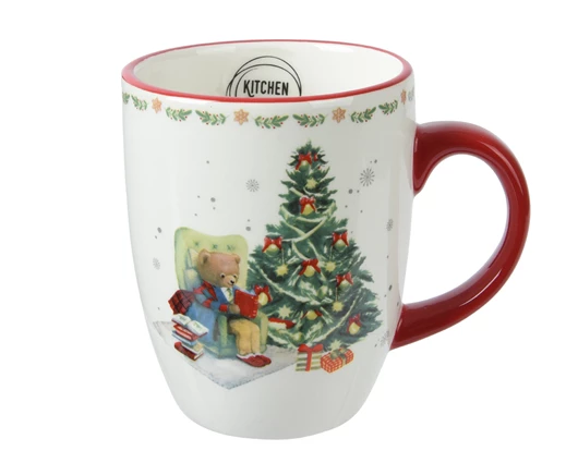 Christmas Tree & Bear Dolomite Mug With Red Rim