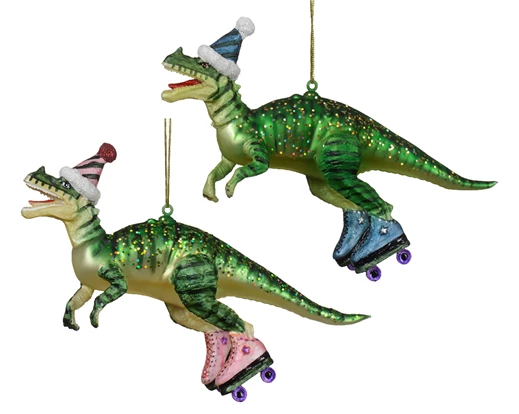 Rollerskating Dinosaur Glass Christmas Decoration - Pink / Blue