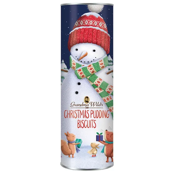 Grandma Wild's Snowman & Woodland Friends Tube with Christmas Pudding Biscuits 200g Grandma Wild's Snowman & Woodland Friends Tube with Christmas Pudding Biscuits 200g