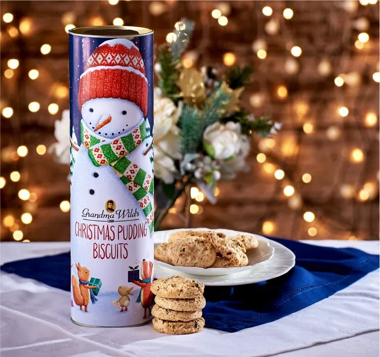 Grandma Wild's Snowman & Woodland Friends Tube with Christmas Pudding Biscuits 200g Grandma Wild's Snowman & Woodland Friends Tube with Christmas Pudding Biscuits 200g