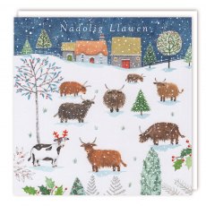 Nadolig Llawen Cartoon Cows Christmas Cards - 5 Pack
