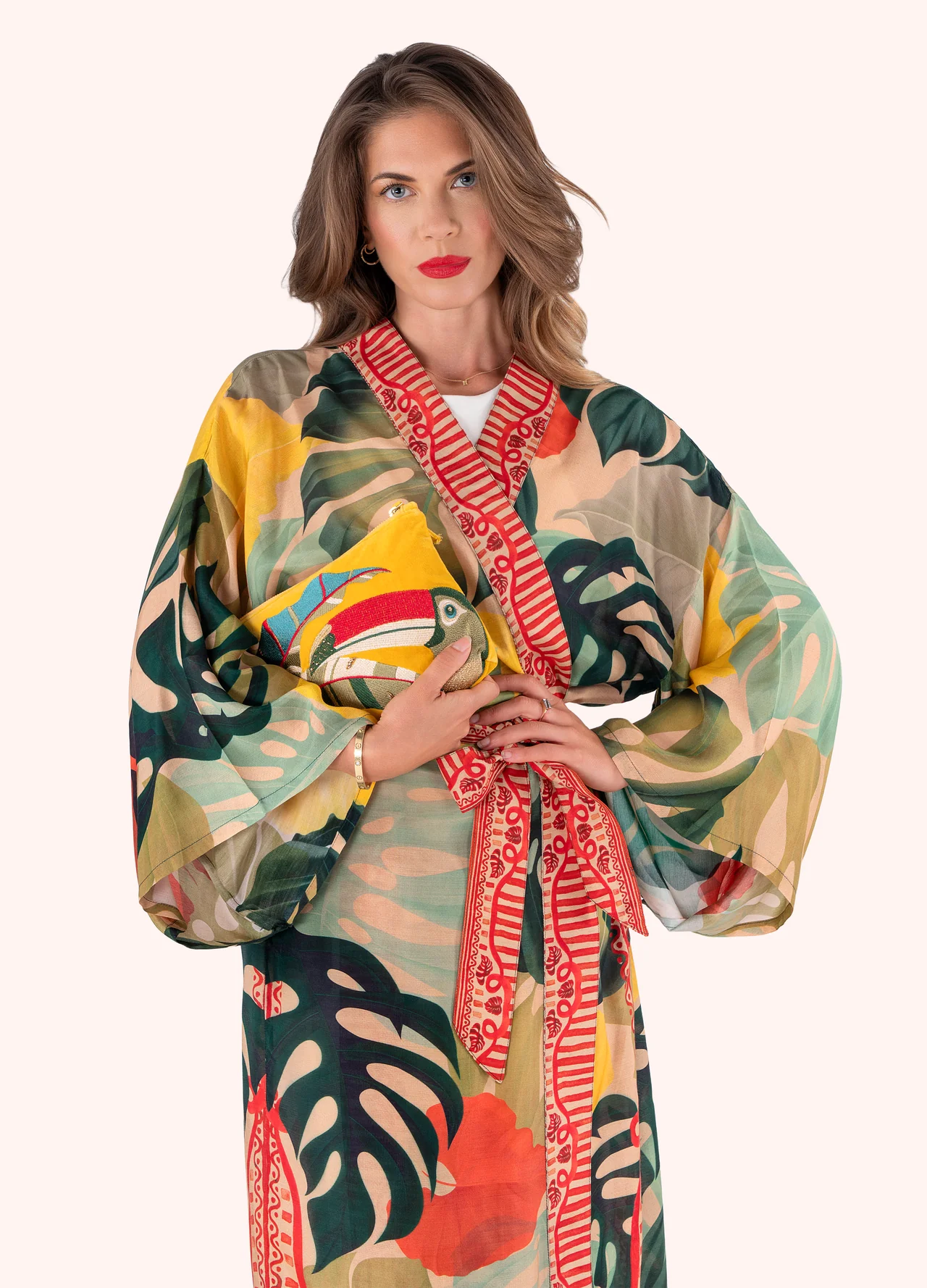 Powder Kimono Gown - Exotic Leaves