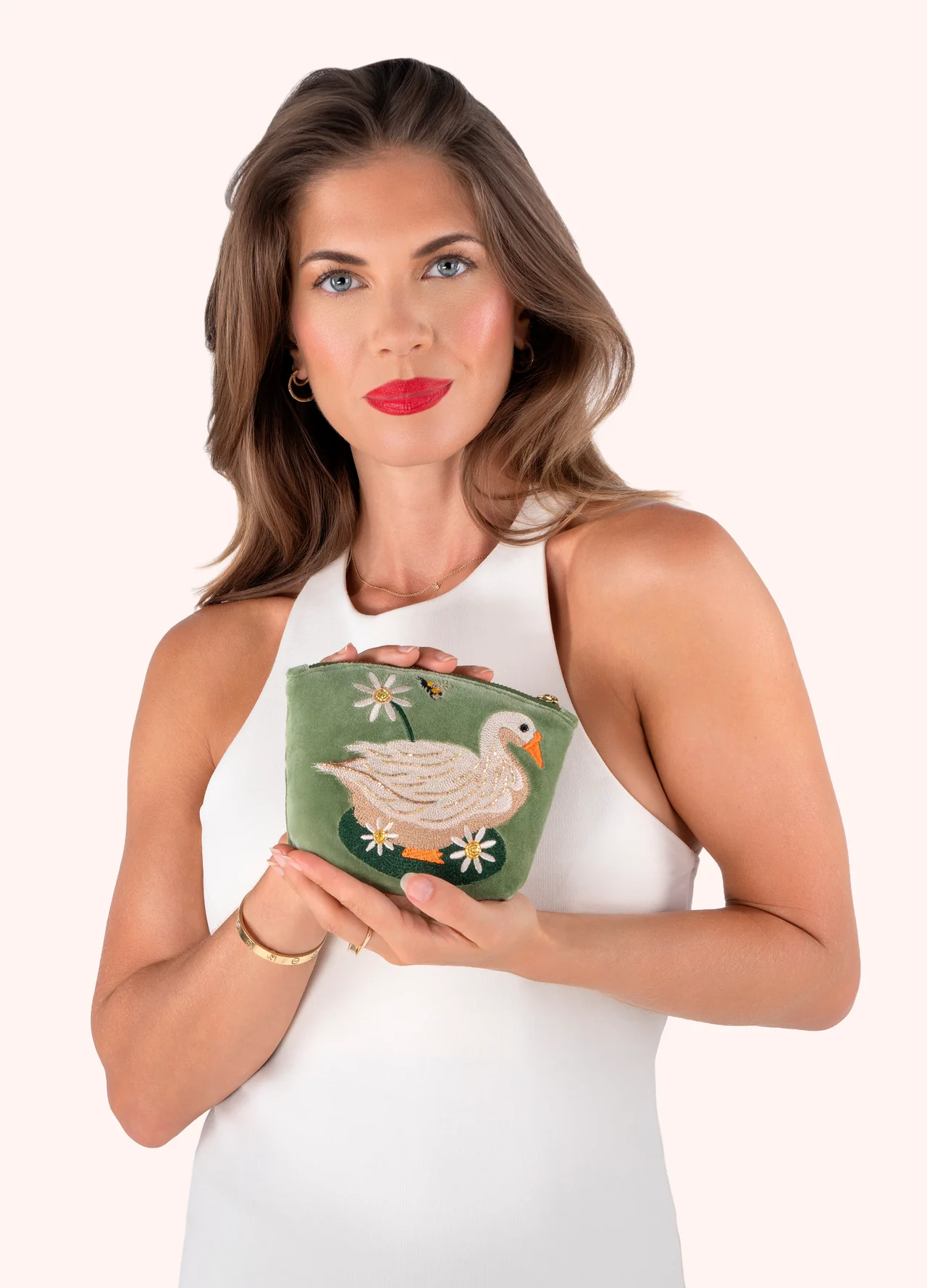 Powder Embroidered Velvet Mini Pouch - Garden Goose