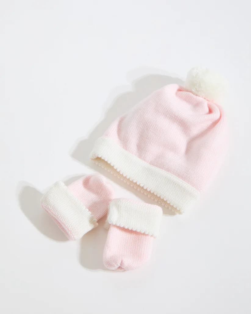 100% Merino Newborn Baby Hat and Mittens - Pink