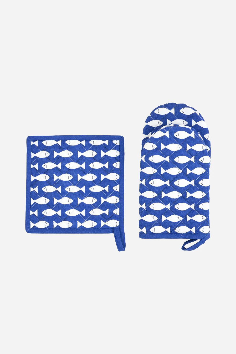 Batela Cotton Oven Mitt & Pot Holder Set With Fish Motif Blue/White Fish