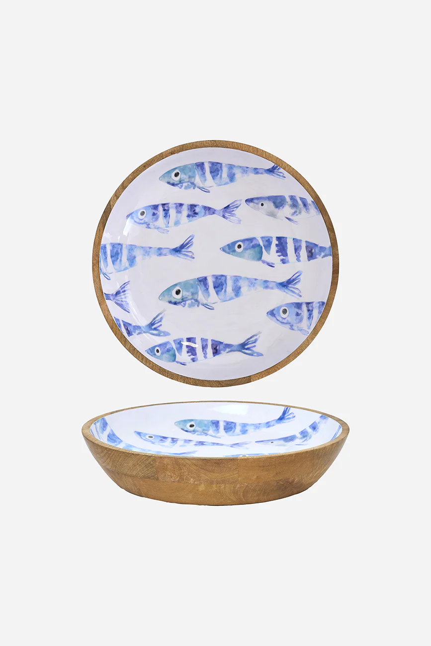 Batela Large Enamel Wooden Bowl With School Of Fish 42cm