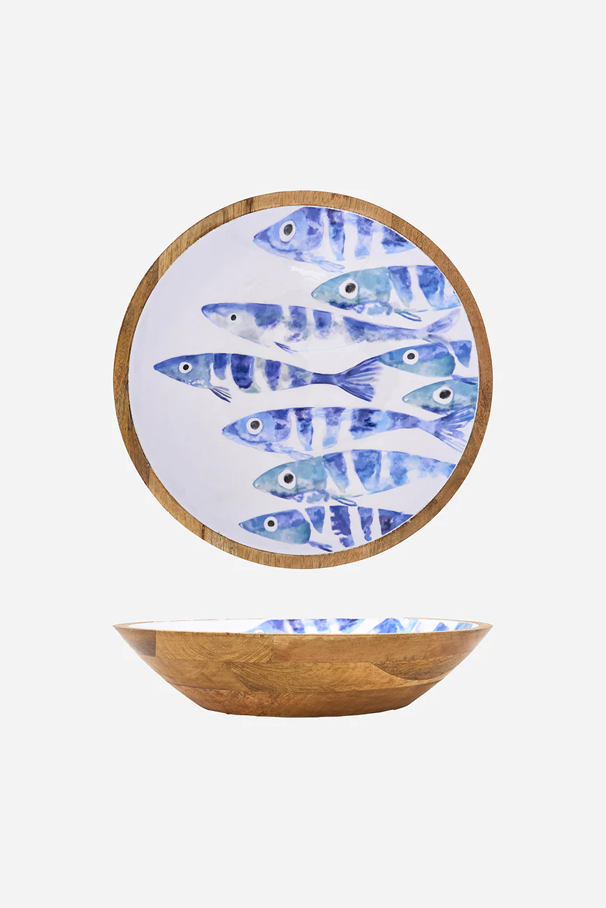 Batela Medium Enamel Wooden Bowl School Of Fish 35cm