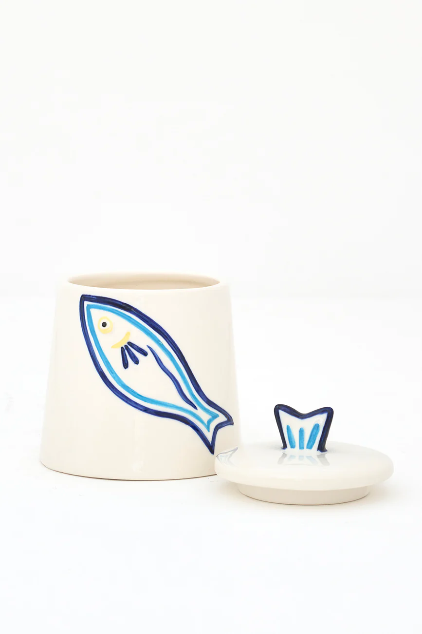 Batela Stoneware Sugar Bowl with Painted Fish
