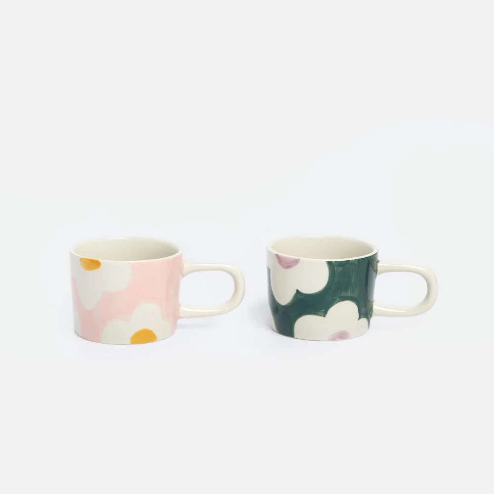Caroline Gardner Pink / Green Flower Set of 2 Espresso Cups