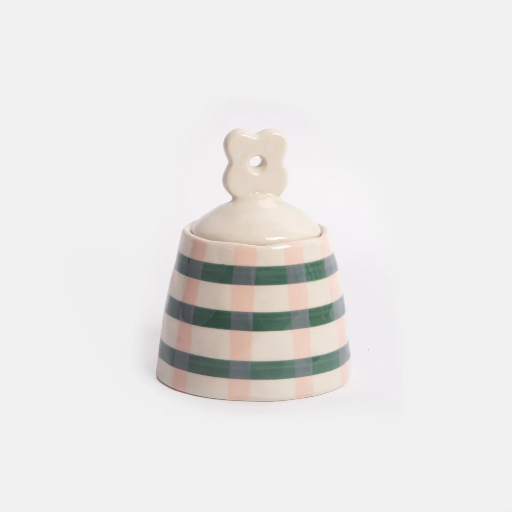 Caroline Gardner Pink & Green Check Stoneware Pot With Lid