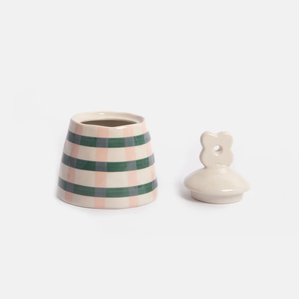 Caroline Gardner Pink & Green Check Stoneware Pot With Lid