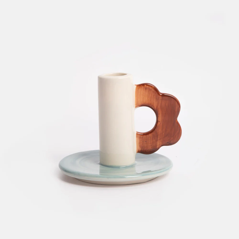Caroline Gardner Blue/Brown Flower Stoneware Candle Holder