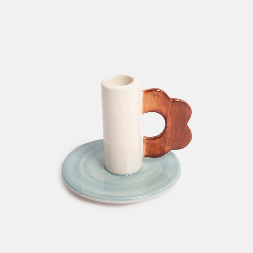 Caroline Gardner Blue/Brown Flower Stoneware Candle Holder