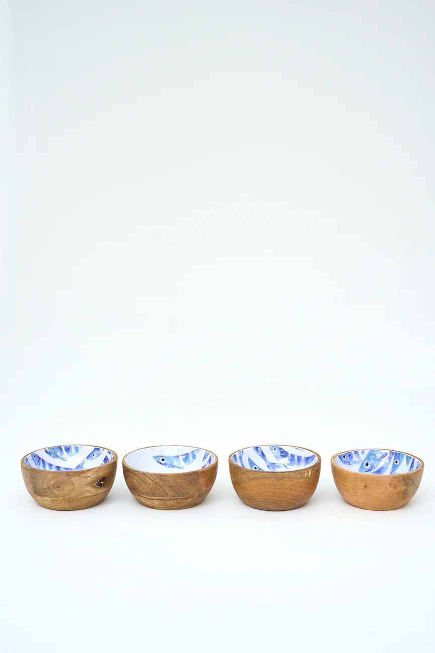 Batela Enamel Wooden Bowl With Fish Motif 8.5cm