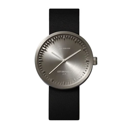 Leff Amsterdam Tube Watch D38 Steel with Black Leather Strap