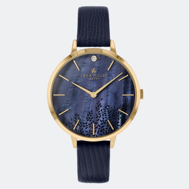 Sara Miller London Sara Miller Diamond Navy MOP Dial Gold Navy Strap Watch