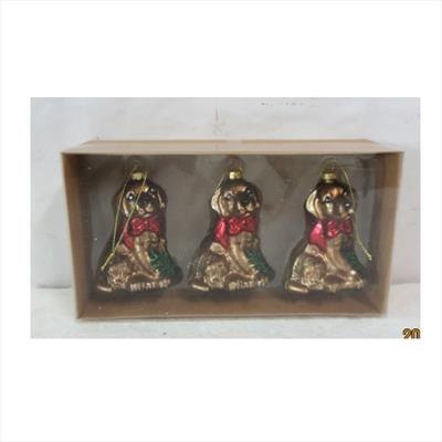 Box of three gold glass dog hanging ornaments
