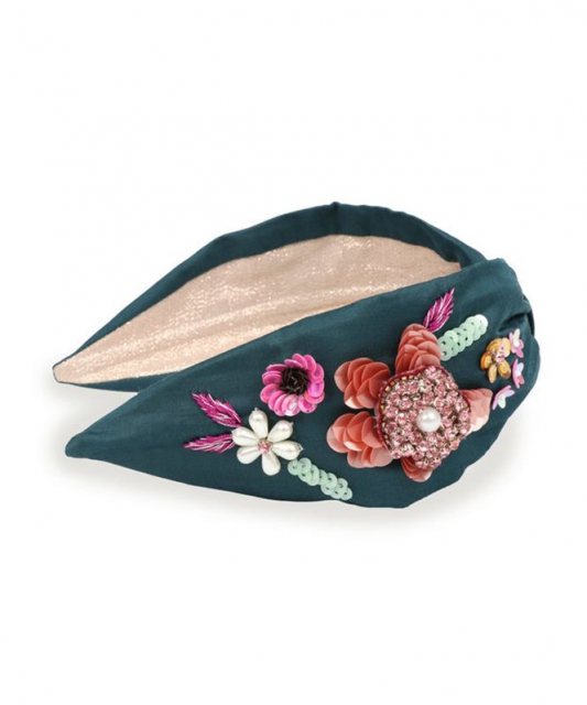 Embroidered Floral Headband Teal