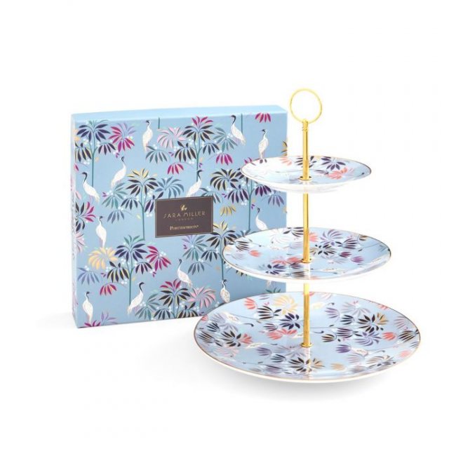 Sara Miller 3 Tier Cake Stand Crane Garden Sky Blue