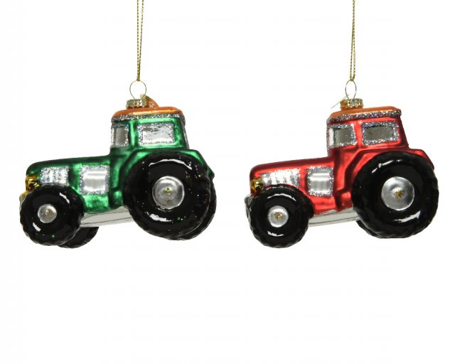 Tractor Glass Christmas Decoration - Red / Green