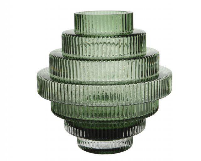 Green Glass Vase Diamond Relief 5 Rims 16x17.5cm