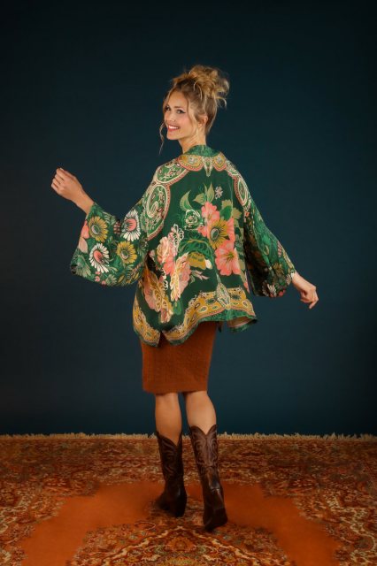 Powder Folk Art Floral Kimono Jacket Fern