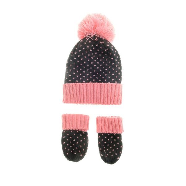 Ziggle Navy & Pink Hearts Bobble Hat & Mittens