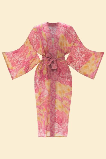 Powder Tropical Toile Kimono Gown Pineapple & Raspberry