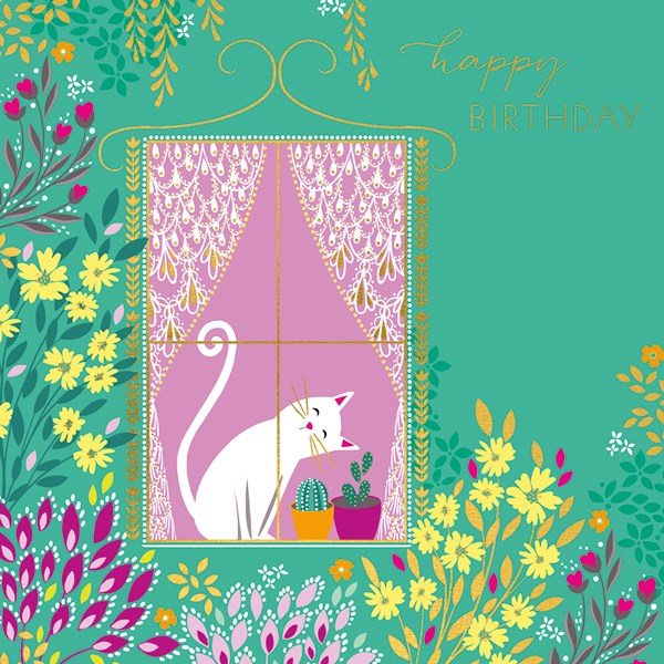 Sara Miller Happy Birthday Greetings Card - Cat In Window