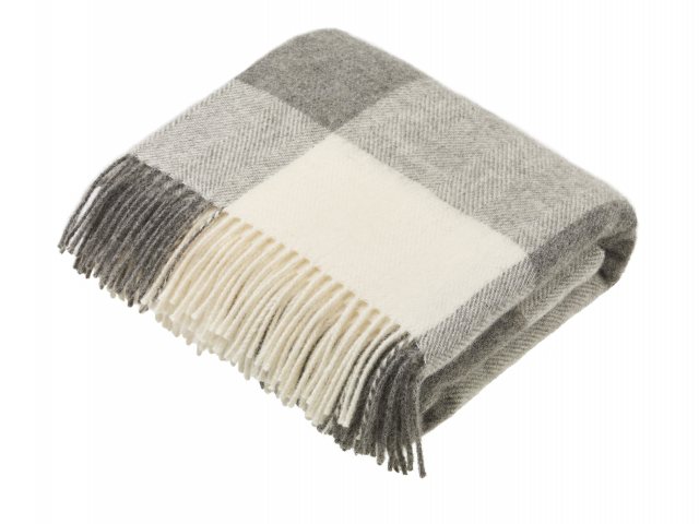 Portmeirion Natural Block Check Shetland Wool Throw - Grey